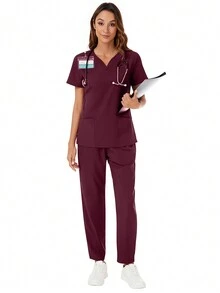 V-Neck Pocket Short Sleeve Top And Pocket Pants 2pcs Scrub Uniform Set