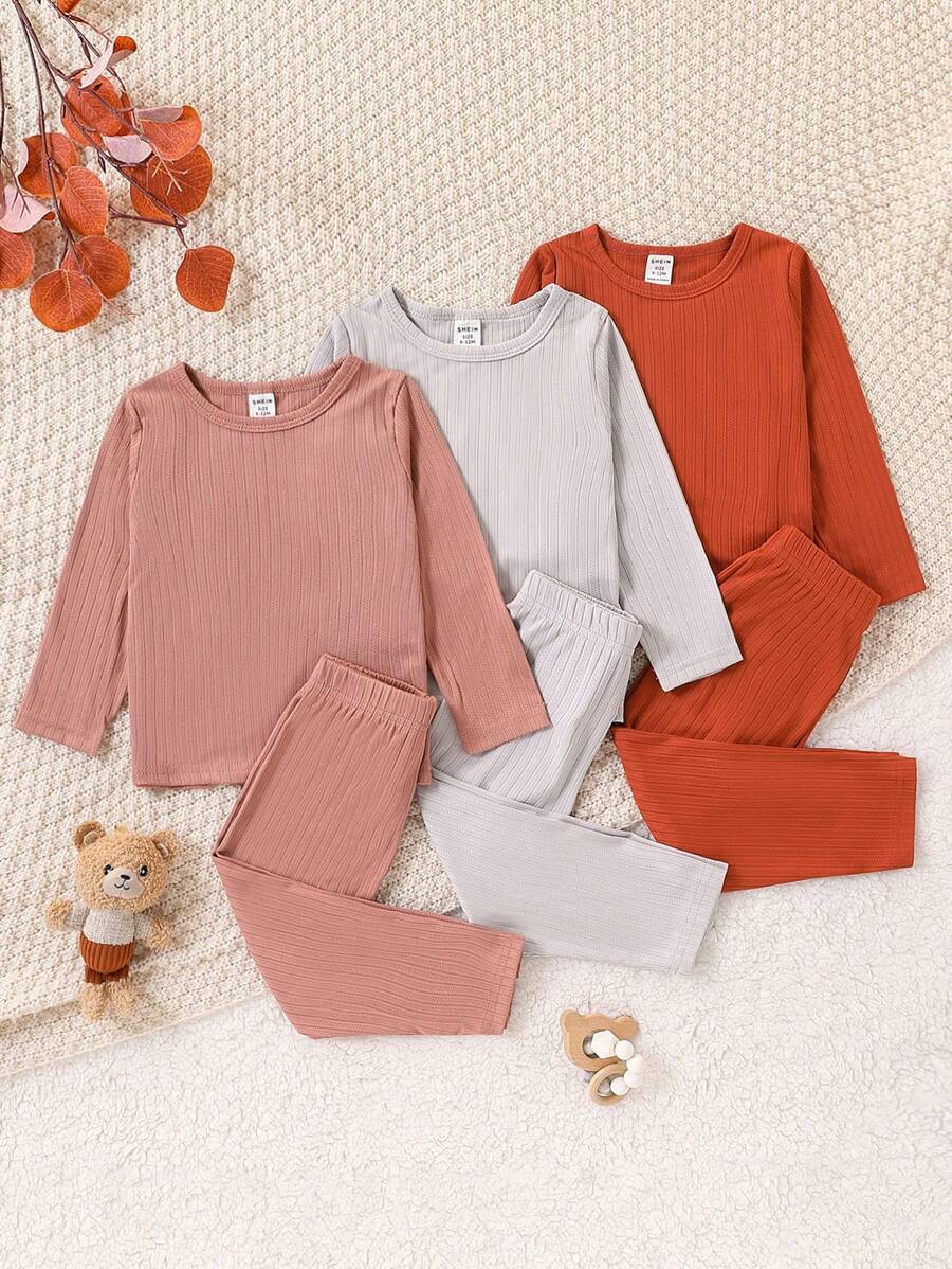 Conjunto de 3 piezas para niña bebé, top de manga larga cuello redondo tejido y pantalones de unicolor - Gris Claro - Ver 1