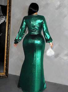 Maweii Plus Size Women's Pleated Long Sleeve Party Dress Maxi Women Outfit - Green - View 2