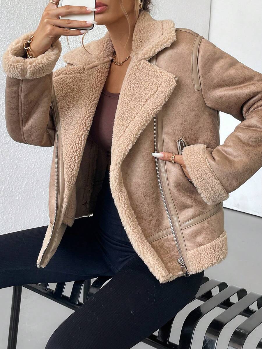 SHEIN Essnce Women's Faux Fur Lined Casual Motorcycle Jacket, Loose Fit