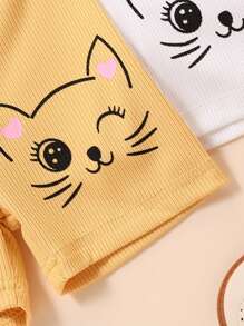 4pcs/Set Baby Girls Cute Cat Print Ribbed Shorts, Spring/Summer - Multicolor - View 7