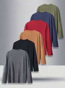 6 stuks heren basic effen kleur lange mouwen T-shirts, normale pasvorm, modieuze casual sport outdoor kleding, elastische tops