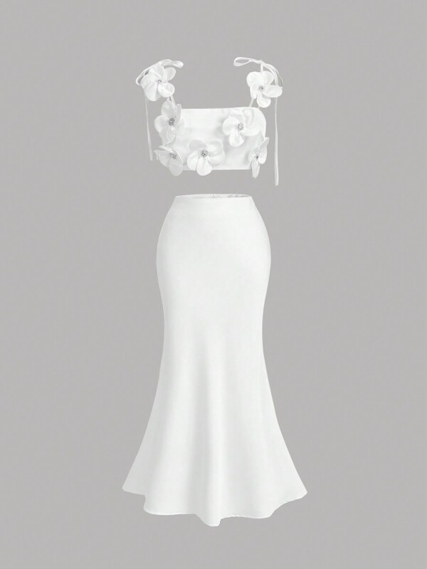 Aveloria Rosie 2pcs Luxurious Crystal Embellished 3D Floral Cami Top And Body-Con Skirt Set, Elegant 