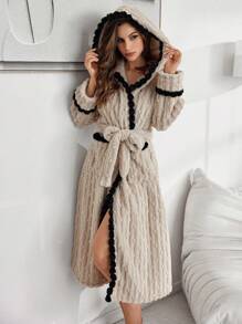 Contrast Color Pom-Pom Hooded Jacquard Plush Ladies Robe, For Fall Winter, Cozy Outfit, Fluffy