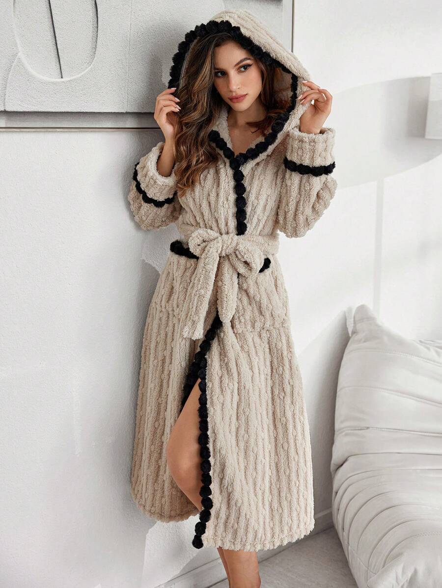 Contrast Color Pom-Pom Hooded Jacquard Plush Ladies Robe, For Fall Winter, Cozy Outfit, Fluffy