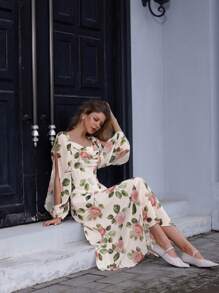 Aveloria Rosie Vestido de gasa de manga larga con cuello cuadrado elegante y vintage, ribete de volantes, estampado floral y cintura ceñida