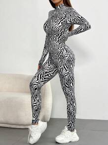 SHEIN Unity 1 件时尚斑马条纹立领长袖连体裤春秋季 - 黑與白 - 查看 6