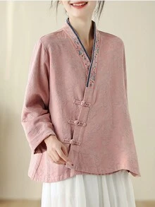 Chinese Style Retro Embroidered Button-Up Long Sleeve Cardigan Hanfu Casual Loose Blouse For Women
