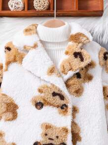 SHEIN Abrigo térmico con estampado de oso, cuello de solapa y hombros caídos para niña, ideal para uso casual, diario y escolar en otoño e invierno - Multicolor - Ver 4