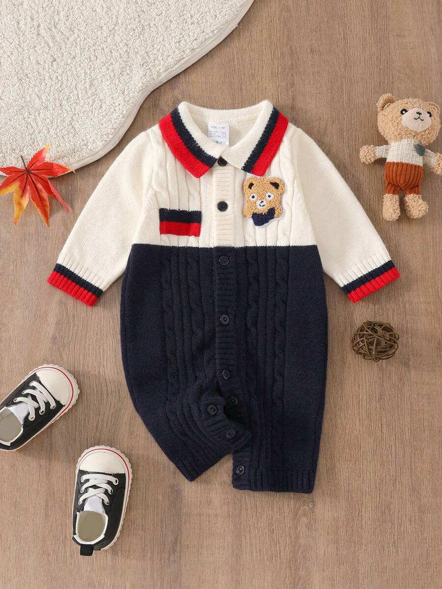 Baby Boy Striped Knitted Romper With Emblem, Long Sleeve - Blue and White - View 1