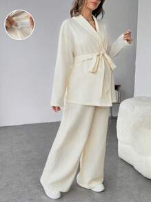 SHEIN Conjunto de maternidad de 2 piezas: Chaqueta de cárdigan de manga larga de unicolor y pantalones rectos/de pierna ancha de cintura ajustable, pantalones, otoño