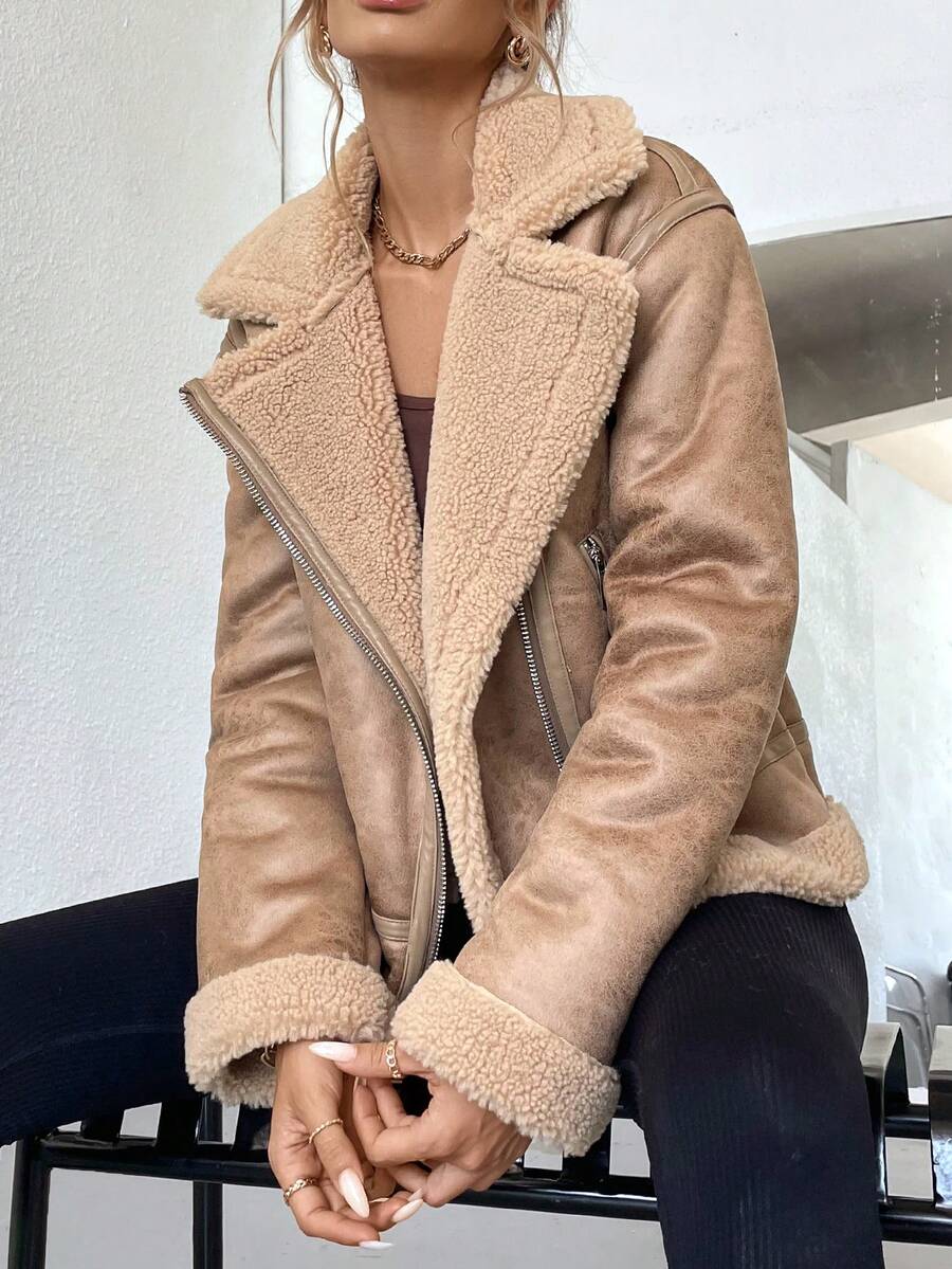 SHEIN Essnce Women's Faux Fur Lined Casual Motorcycle Jacket, Loose Fit