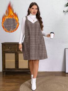 SHEIN LUNE Plus Size Women's Plaid Strap Dress, Autumn & Winter Business Casual Woman Work Dress Business Dress