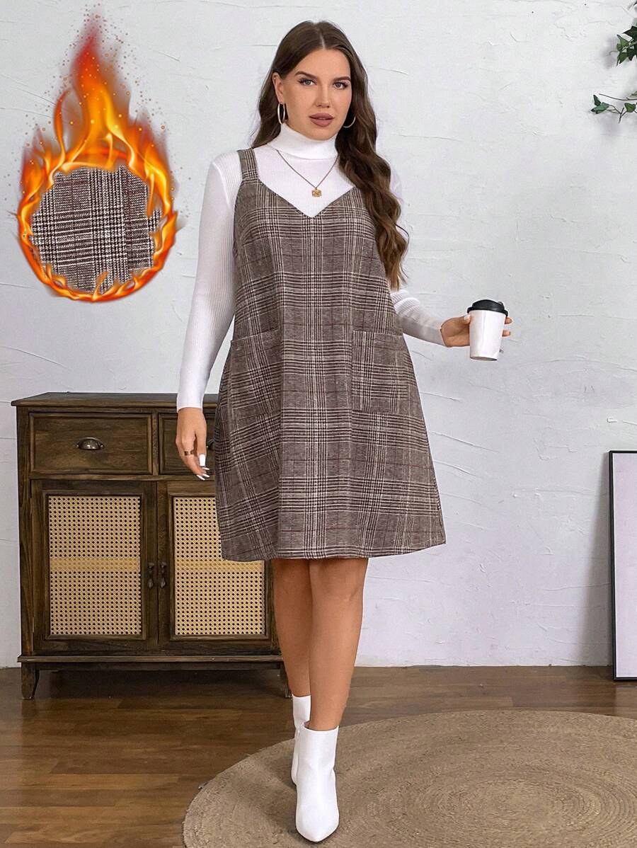SHEIN LUNE Plus Size Women's Plaid Strap Dress, Autumn & Winter Business Casual Woman Work Dress Business Dress
