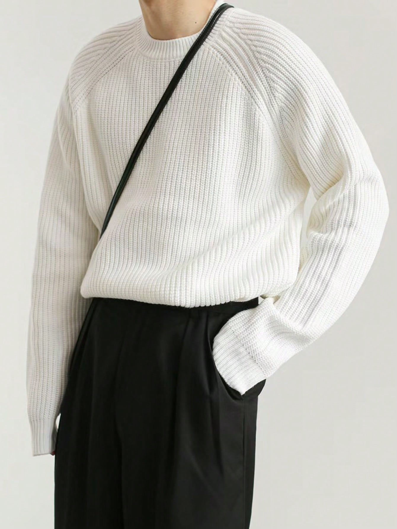 Plus Size Men's Plain Round Neck Raglan Sleeve Long Sleeve Loose Casual Sweater, Fall & Winter