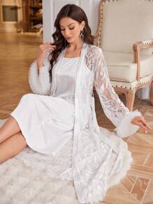2pcs Floral Lace Sheer Robe And Faux Silk Cami Nightgown Set - White - View 6
