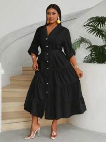 Maweii Plus Size Front Button Long Sleeve Minimalist Pleat Detail Casual Dress Maxi Women Outfit