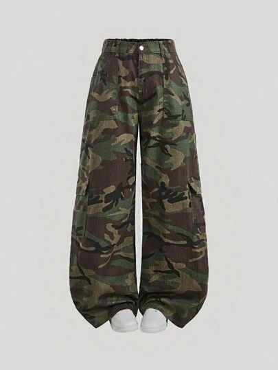 SHEIN MOD 大码休闲宽松直筒牛仔裤，豹纹