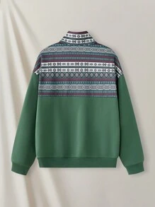 Manfinity VCAY Men's Knitted Casual Loose Fit Pattern Long Sleeve Half Zip Sweatshirt, For Fall Winter - Army Green - View 2