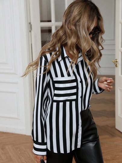 Aveloria Modichic Chic Office Stripe Asymmetrical Pocket Loose Blouse Button Up Shirt Women  Fall Cloth For Women