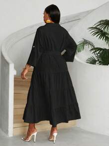 Maweii Plus Size Front Button Long Sleeve Minimalist Pleat Detail Casual Dress Maxi Women Outfit