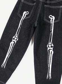 SHEIN Young Boy Fashion Casual Bone-Patterned Black Comfortable Baggy Jeans For Halloween Clothes And Halloween Party Favors - Black - View 2