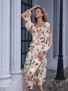 Aveloria Rosie Vestido de gasa de manga larga con cuello cuadrado elegante y vintage, ribete de volantes, estampado floral y cintura ceñida
