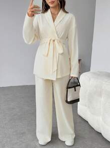 SHEIN Conjunto de maternidad de 2 piezas: Chaqueta de cárdigan de manga larga de unicolor y pantalones rectos/de pierna ancha de cintura ajustable, pantalones, otoño