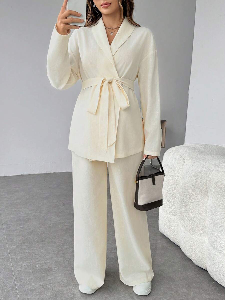 SHEIN Conjunto de maternidad de 2 piezas: Chaqueta de cárdigan de manga larga de unicolor y pantalones rectos/de pierna ancha de cintura ajustable, pantalones, otoño