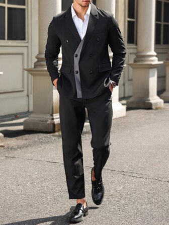 Manfinity Mode 2 parça Erkek Renk Blok Yaka Uzun Kollu Ceket Ve Pantolon Günlük İş Takım Elbise Seti