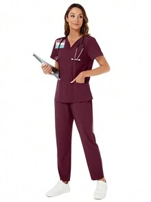 V-Neck Pocket Short Sleeve Top And Pocket Pants 2pcs Scrub Uniform Set