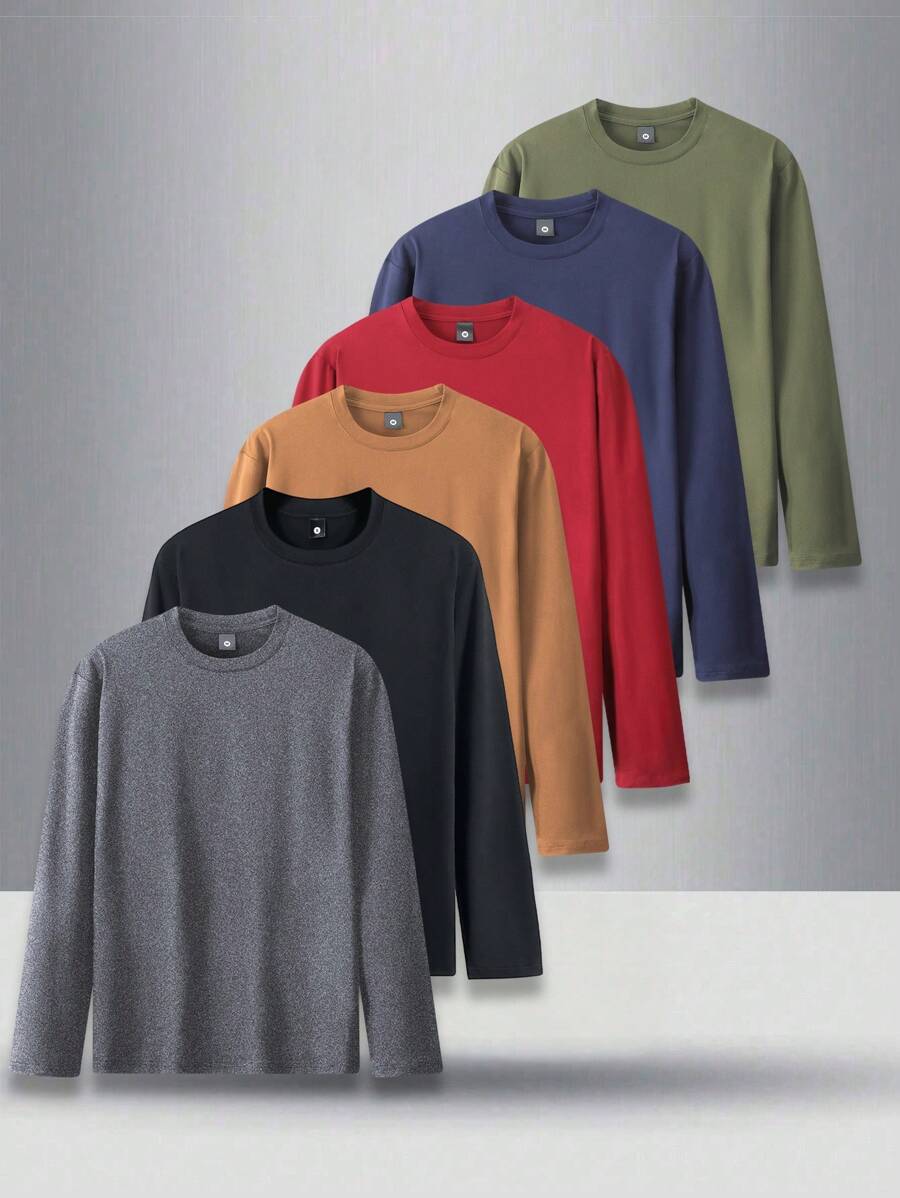 6 stuks heren basic effen kleur lange mouwen T-shirts, normale pasvorm, modieuze casual sport outdoor kleding, elastische tops
