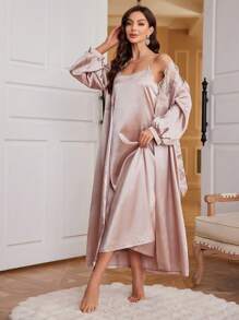 Embroidery Decor Faux Silk Pajamas Set - Champagne - View 4