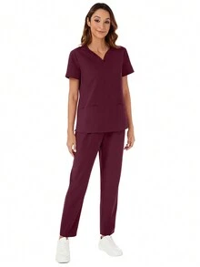 V-Neck Pocket Short Sleeve Top And Pocket Pants 2pcs Scrub Uniform Set