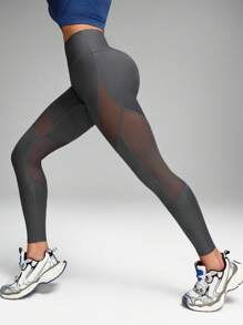 Innovista 女士纯色高腰拼接网眼健身紧身裤 - 深灰色 - 查看 8