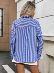 Aveloria Commuter Design Colorblock Striped Lapel Single-Breasted Utility Pocket Decor Loose Casual Blouse For Women