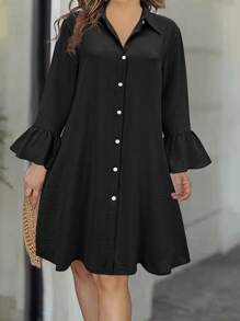 Vestido camisero de mujer de manga de campana de unicolor y estilo casual - Negro - Ver 4