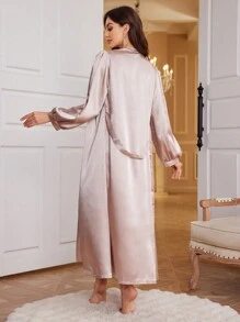 Embroidery Decor Faux Silk Pajamas Set - Champagne - View 2