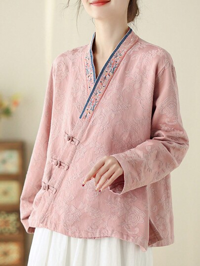 Chinese Style Retro Embroidered Button-Up Long Sleeve Cardigan Hanfu Casual Loose Blouse For Women