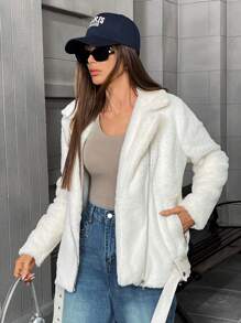 GENKIRA Women's Solid Color Commuter Style Splicing Waistband Fluffy Jacket Fall Cloth For Women - Apricot - View 6