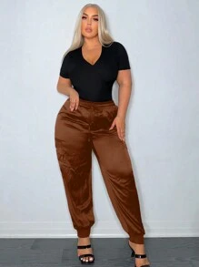 SHEIN SXY Spring And Summer Satin Drawstring Waist Casual Plus Women's Trousers