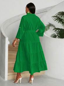 Maweii 大码女式夏季纯色卷袖长裙，带褶边下摆，女式服装 - 綠色 - 查看 2