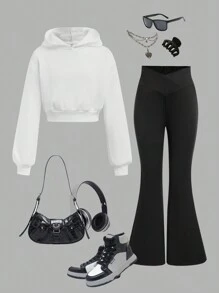 SHEIN Girlism Bộ 2 món áo nỉ rộng rãi + áo liền quần bó cho bé gái tuổi mới lớn màu trắng - trắng - Xem 1