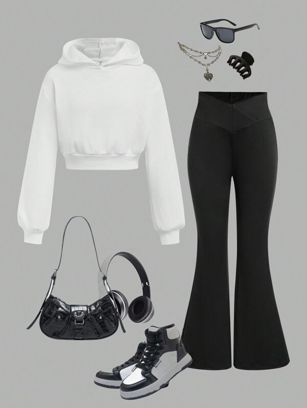 Tween Girls Loose Sweatshirt + Skinny Jumpsuit White 2 Pieces Set