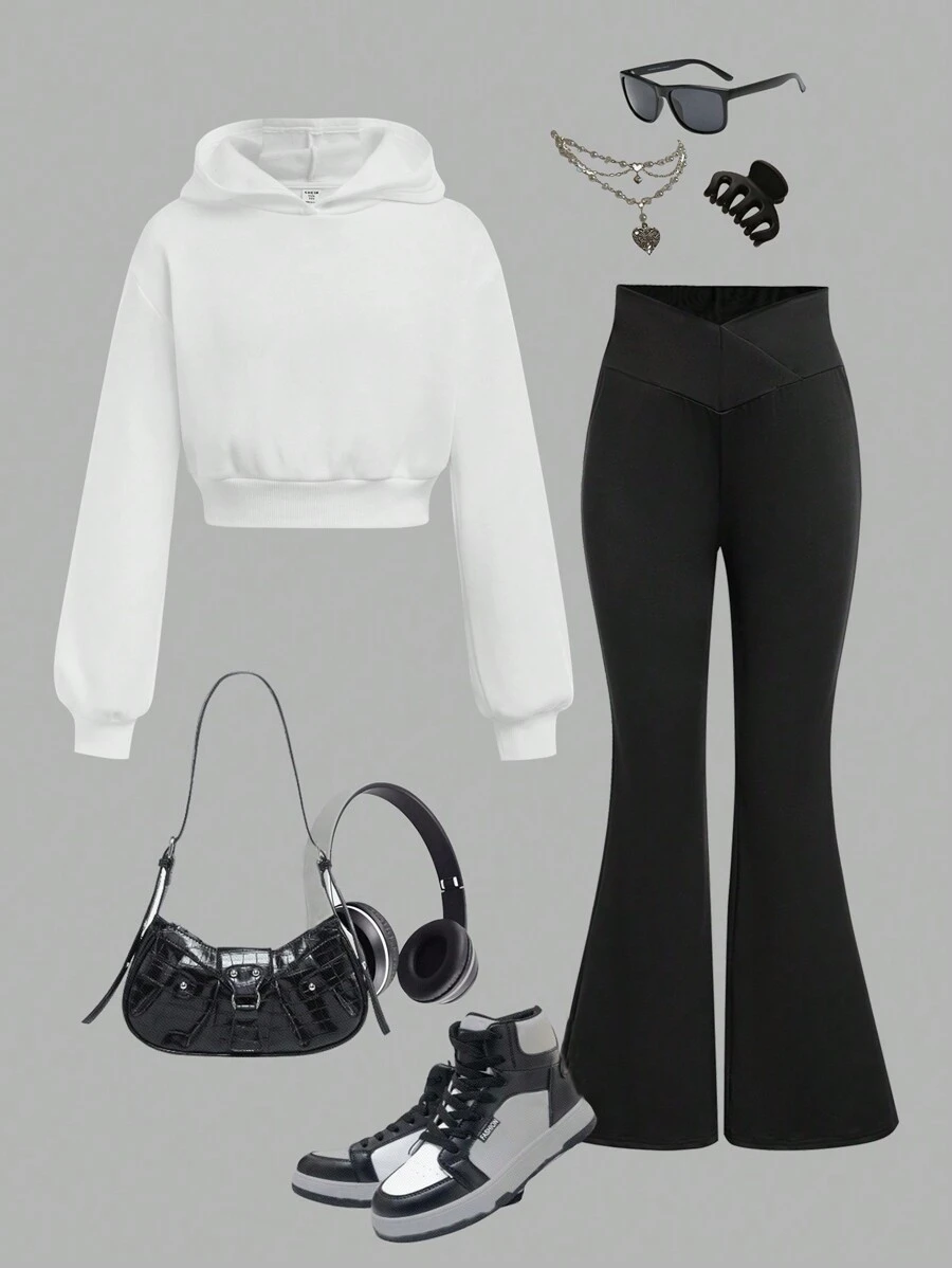 SHEIN Girlism Bộ 2 món áo nỉ rộng rãi + áo liền quần bó cho bé gái tuổi mới lớn màu trắng - trắng - Xem 1