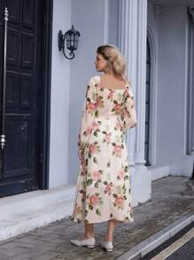 Aveloria Rosie Vestido de gasa de manga larga con cuello cuadrado elegante y vintage, ribete de volantes, estampado floral y cintura ceñida