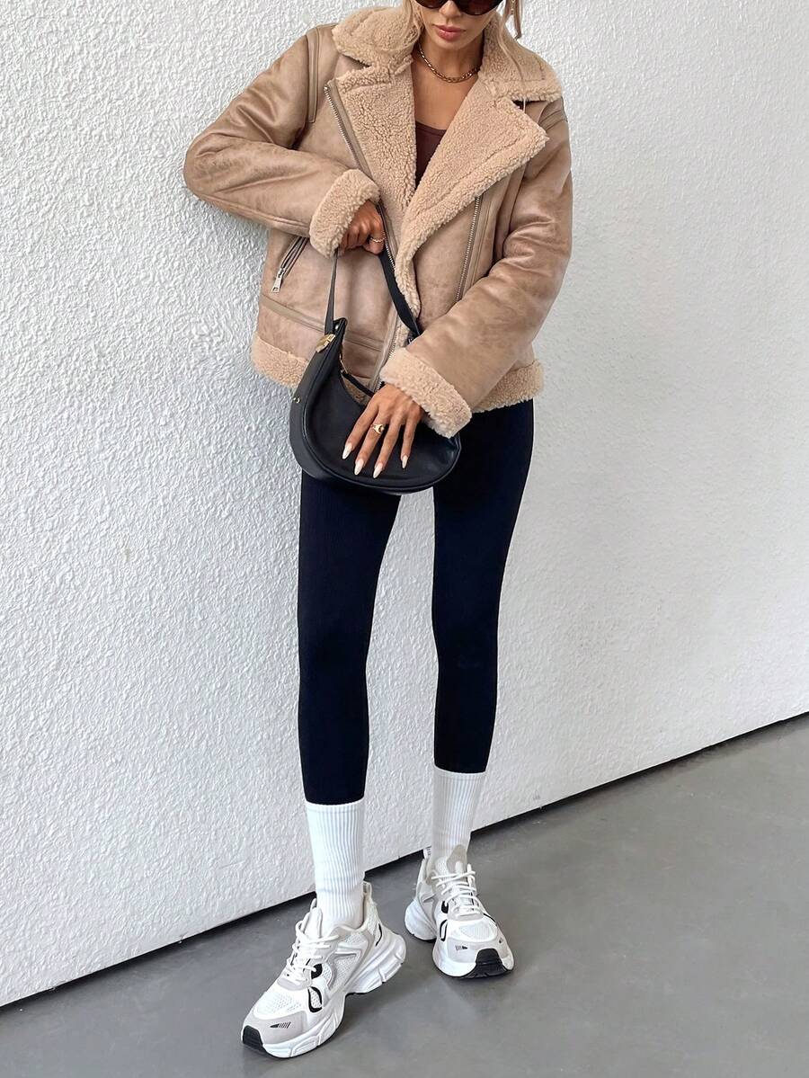 SHEIN Essnce Women's Faux Fur Lined Casual Motorcycle Jacket, Loose Fit