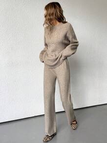 GENKIRA 2 件套：休闲圆领宽松针织毛衣和直筒裤 - 卡其色 - 查看 5