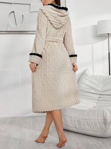 Contrast Color Pom-Pom Hooded Jacquard Plush Ladies Robe, For Fall Winter, Cozy Outfit, Fluffy