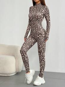 SHEIN Unity Mono de manga larga con cuello alto y estampado de leopardo - Multicolor - Ver 4